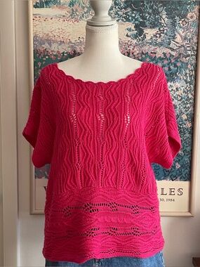 Pink Crochet Short Sleeve Knit Top Medium Boho Cottagecore 2000s